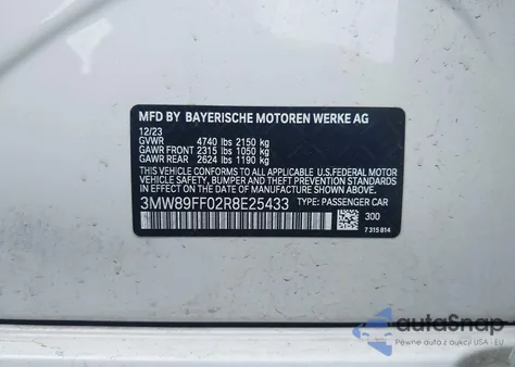 2024 BMW 3 Series 330I xDrive z USA, uszkodzony, nr VIN 3MW89FF02R8E25433